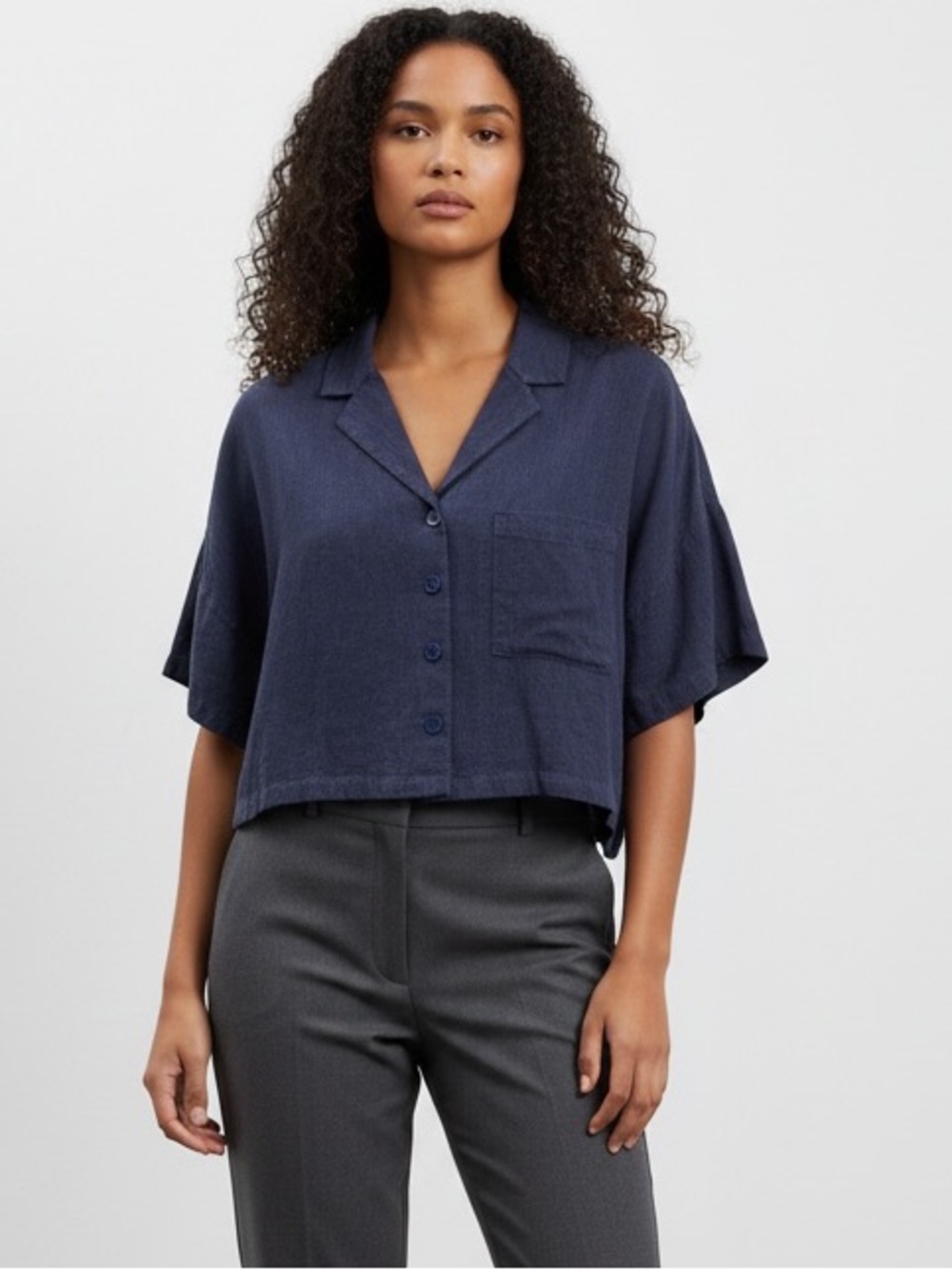 DKNY Navy Linen/Rayon Cropped Button-Front Top